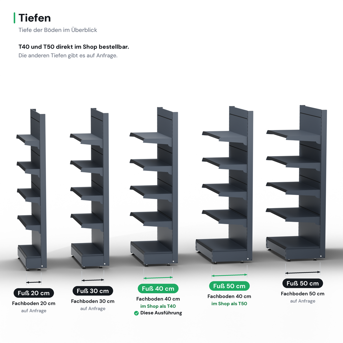 AGT Wandregal Tiefen: T40 (Fuß 40, Fachboden 40 cm) und T50 (Fuß 50, Fachboden 40 cm) im Shop, Fuß 20, 30 und 50/50 cm auf Anfrage