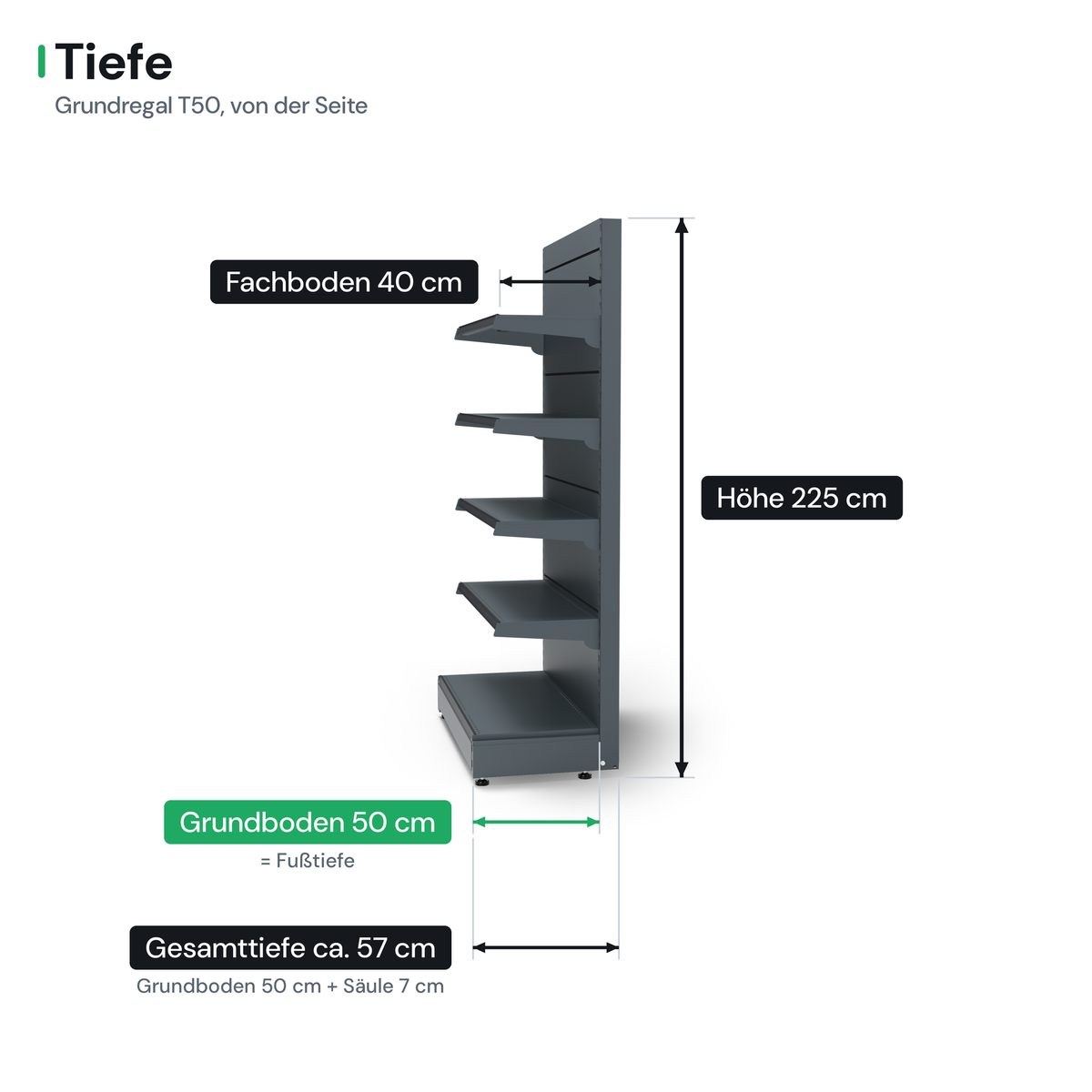 AGT Wandregal T50 Tiefe: Fachboden 40 cm, Grundboden 50 cm (Fußtiefe), Gesamttiefe ca. 57 cm, Höhe 225 cm