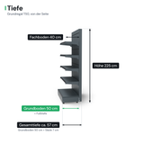 AGT Wandregal T50 Tiefe: Fachboden 40 cm, Grundboden 50 cm (Fußtiefe), Gesamttiefe ca. 57 cm, Höhe 225 cm